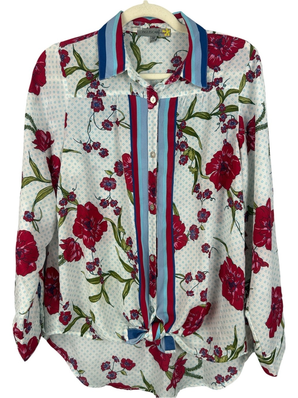 Figueroa & Flower Button-Front Floral Geometric Tie-Hem Medium Shirt Red Floral